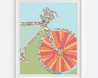 Austin Texas Bicycle Vintage Map ART PRINT, Bicycle bike biking cycling art, gift for couple her, wedding gift, All Sizes