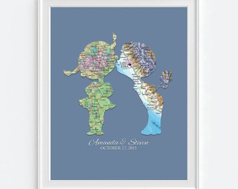 Custom Vintage Map Art Print, Two Cities, Personalized Wedding Gift
