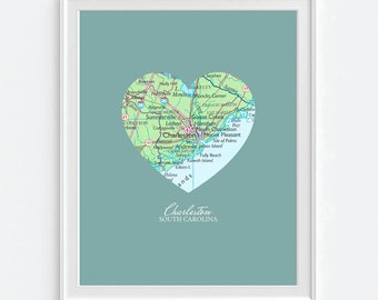 Charleston South Carolina  Heart Vintage Map ART PRINT, Charleston SC art map print, gift for couple,wedding gift, Christmas gift for her