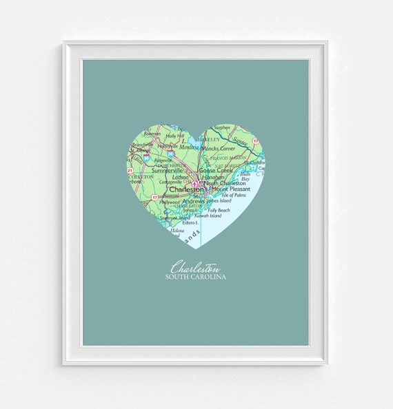 Charleston South Carolina Heart Vintage Map ART PRINT Etsy