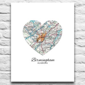 Birmingham Alabama mapa impressão vintage casa coração mapa download digital para você 2 impressão, cidade cidade casa viagem diy presente imprimível, 8x10 11x14