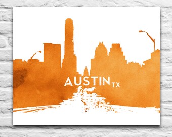 Austin Texas Congress Avenue Skyline Cityscape Watercolor Ink blot Art Print DIGITAL DOWNLOAD for diy printable, Texas Longhorns ,8x10 11x14