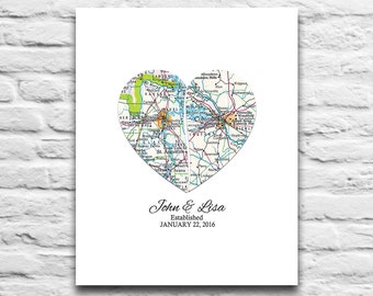 Custom Wedding Couple 2 Maps split heart DIGITAL DOWNLOAD you 2 Print,Wedding Engagement Valentines Day gift Personalized, 8x10 11x14