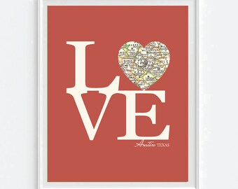 Austin Texas LOVE Map Art Print, Retro City Poster