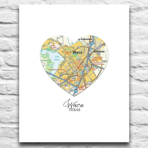 Waco Texas Baylor Fixer Upper Heart Map DIGITAL DOWNLOAD for you 2 Print, Vintage poster wall decor print, diy printable, gift, 8x10 11x14