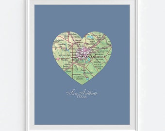 San Antonio Texas Heart Vintage Map ART PRINT City, San Antonio Spurs art, valentines day, wedding gift for couple, Christmas gift for her