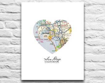 San Diego California Vintage Heart Map DIGITAL DOWNLOAD for you 2 Print,San Diego California art print gift poster,diy printable, 8x10 11x14