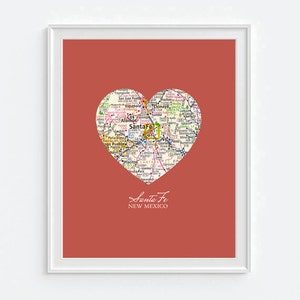 Santa Fe New Mexico Heart Vintage Map ART PRINT, ski vacation beach art map print, gift for couple,wedding gift, Christmas gift for her