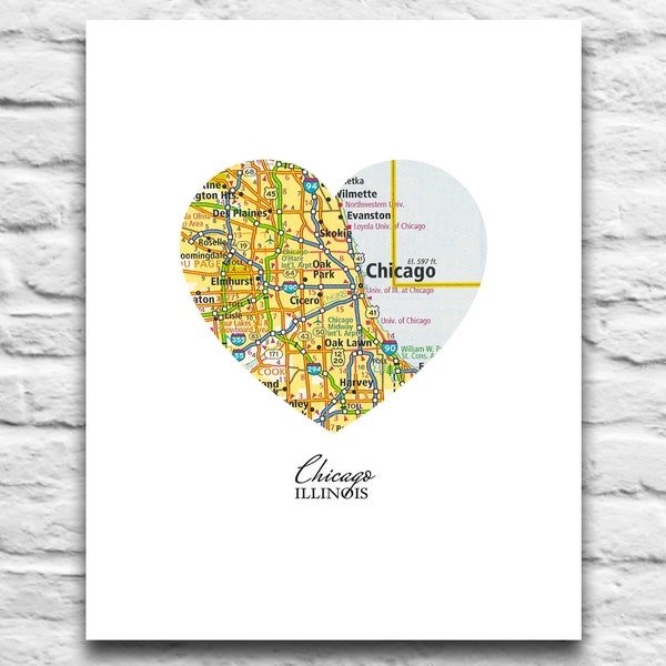 Chicago Illinois Vintage Heart Map DIGITAL DOWNLOAD for you 2 Print City town home state travel Chicago Bears diy printable gift,8x10 11x14