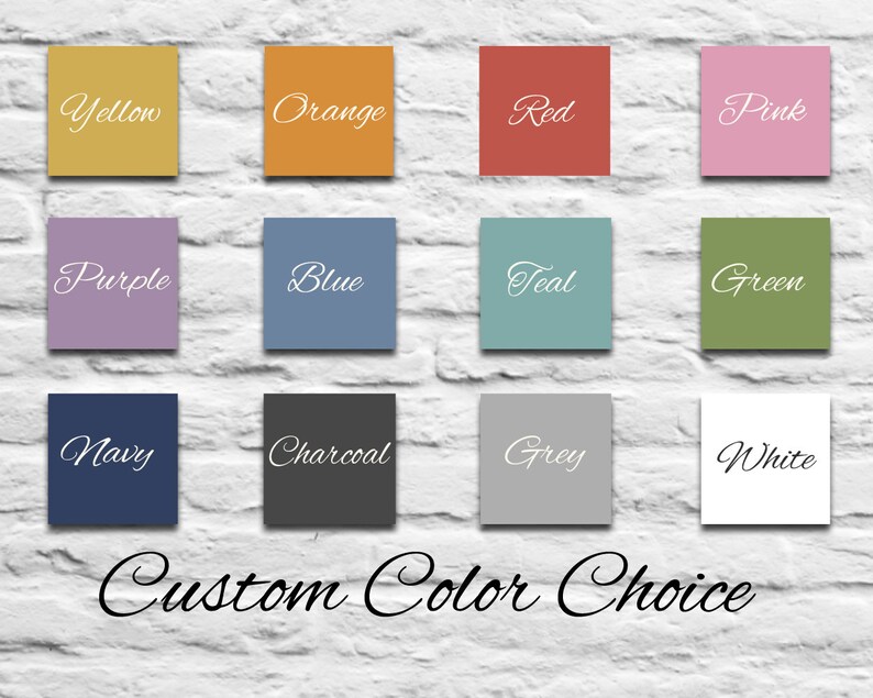 Pode incluir: Uma tabela de 12 amostras de cores com os nomes de cada cor escritos em texto branco. As cores s&atilde;o amarelo, laranja, vermelho, rosa, roxo, azul, azul-turquesa, verde, azul marinho, carv&atilde;o, cinza e branco. O texto na parte inferior da tabela diz "Escolha de cor personalizada".