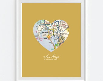 San Diego California Heart Vintage Map ART PRINT, San Diego Valentines Day gift, wedding gift, Mothers Day, Graduation