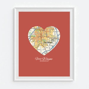 Fort Wayne Indiana Heart Vintage Map ART PRINT, travel hometown art map print poster, gift for couple,wedding gift, Christmas gift for her