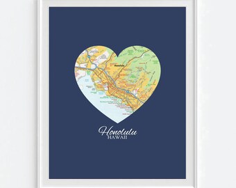 Honolulu Hawaii Heart Map Art Print, Retro Island Travel Poster