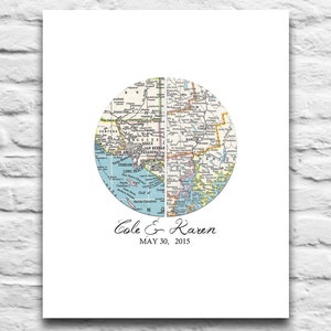 Puede incluir: Un mapa vintage de Los Ángeles y sus alrededores está dividido en dos, con el texto "Cole & Karen" y "MAY 30, 2015" debajo del mapa.