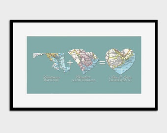 CUSTOM Valentines Day Gift with 3 Maps- Personalized City and State Vintage Map Art, honeymoon, Bridal shower, Bride and Groom gift, wedding