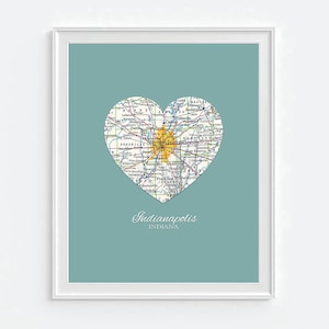 Indianapolis Indiana Heart Vintage Map ART PRINT,Indianapolis art print wall decor wedding gift, Indianapolis Colts, Christmas gift for her