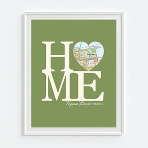 Virginia Beach coeur maison Vintage carte ART PRINT, lune de miel couple amour art carte tirage poster cadeau pour couple, cadeau de mariage, de vacances toutes les tailles