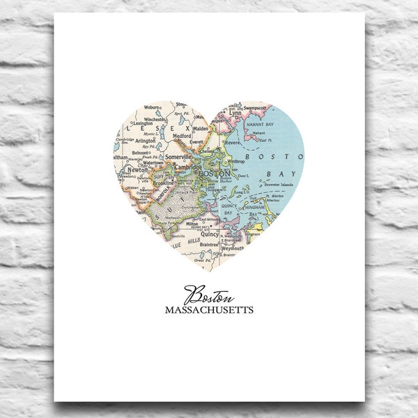 Boston Massachusetts Vintage Heart Map DIGITAL DOWNLOAD for you 2 Print poster City town home state travel diy printable gift,8x10 11x14