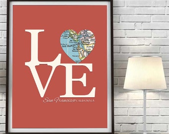 San Francisco California LOVE vintage Heart Map ART PRINT City state gift for couple wedding anniversary engagement travel decor, All Sizes