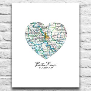 Baton Rouge Louisiana Vintage Heart Map DIGITAL DOWNLOAD for you 2 Print City town home state travel retro diy printable gift, 8x10 11x14