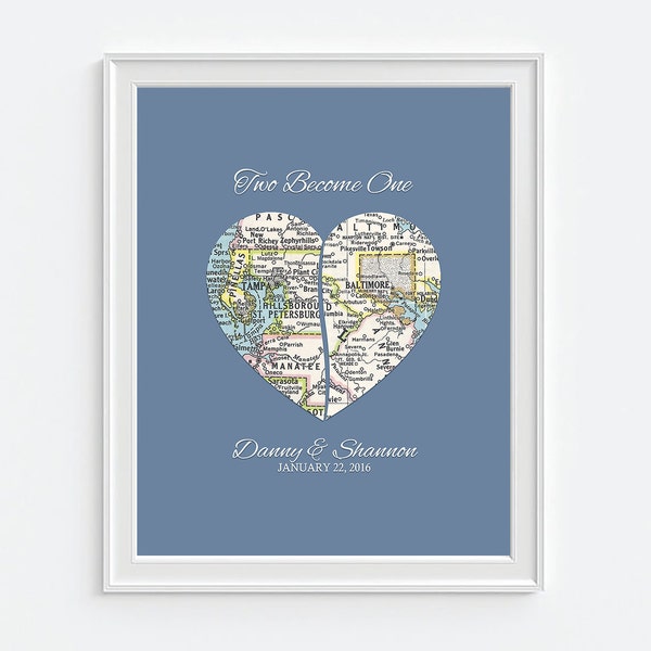 Custom Wedding Couple 2 Heart Maps split Two Become One ART PRINT, Wedding gift,Personalized, Engagement Gift, Anniversary Gift, Gay Wedding