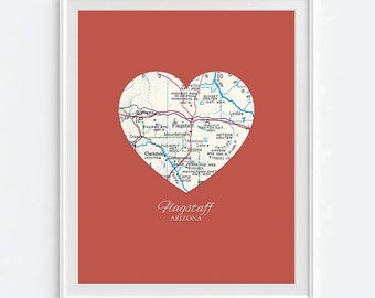 Flagstaff Arizona Heart Vintage Map ART PRINT, Flagstaff Arizona art map print poster, gift for couple,wedding gift, Christmas gift for her