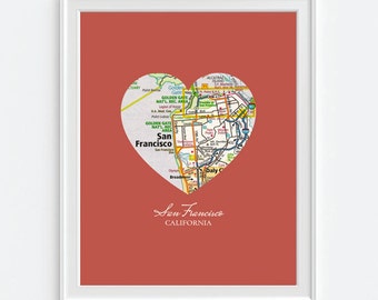 San Francisco California Heart Map ART PRINT, San Francisco art, California art, San Francisco 49ers gift, Christmas Valentine gift for her