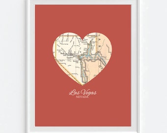 Las Vegas Nevada Heart Vintage Map ART PRINT, vacation beach art map print poster, gift for couple,wedding gift, Christmas gift for her