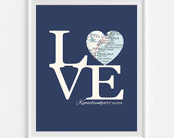 Kennebunkport Maine Heart Map Art Print, Vintage Style