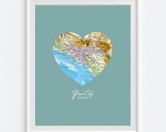 Custom Heart Map, Vintage Map Art Prints- YOUR CITY & STATE, christmas gift idea, wedding gift, engagement gift, gift for mom, personalized