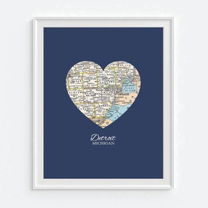 Detroit Michigan Heart Vintage Map ART PRINT City map Detroit Red Wings Tigers Pistons art, state gift, wedding gift, Christmas gift for her
