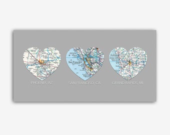 Romantic gift idea, Hearts with 3 CUSTOM Maps- Personalized Gift, 3 cities, UNframed print, honeymoon, family gift, bridal, wedding gift