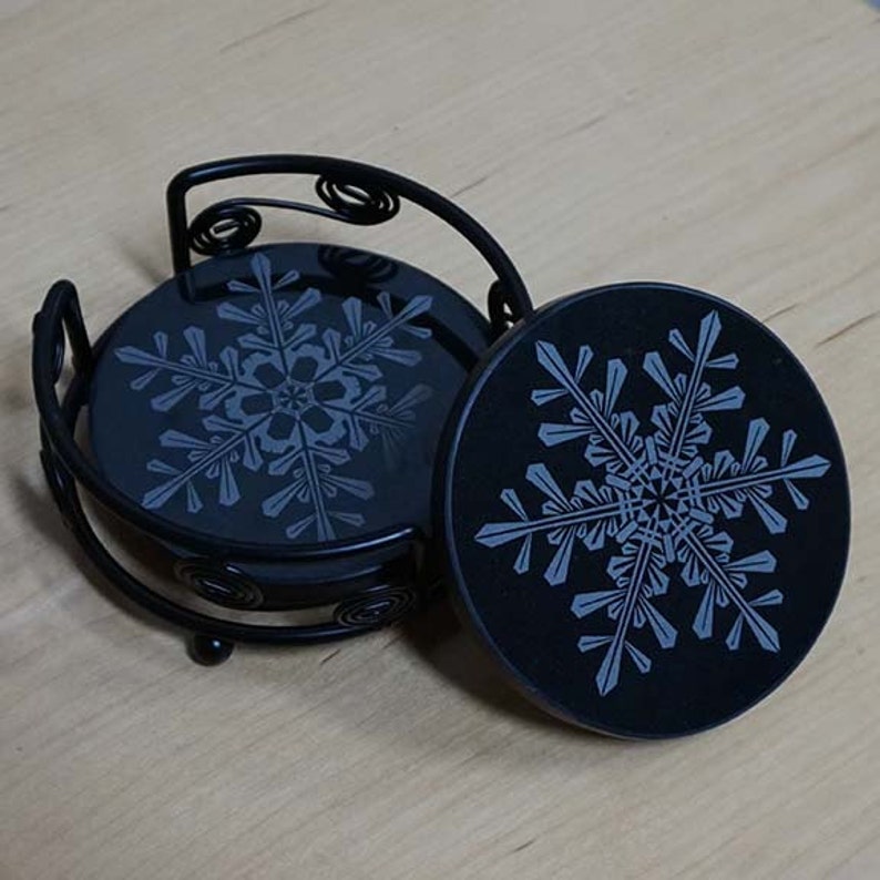 Black Marble Snowflake Coaster Set Laser Engraved Etsy