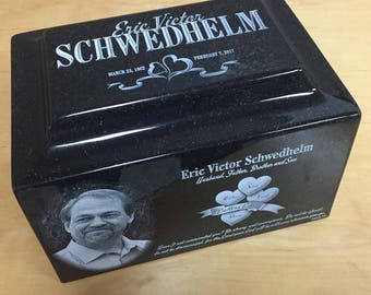 Adult Cremation Urn, Black Granite Cremation Urn,  Laser Engraved Urn , Custom Photo Urn, Cremation Urn: 210 lbs.