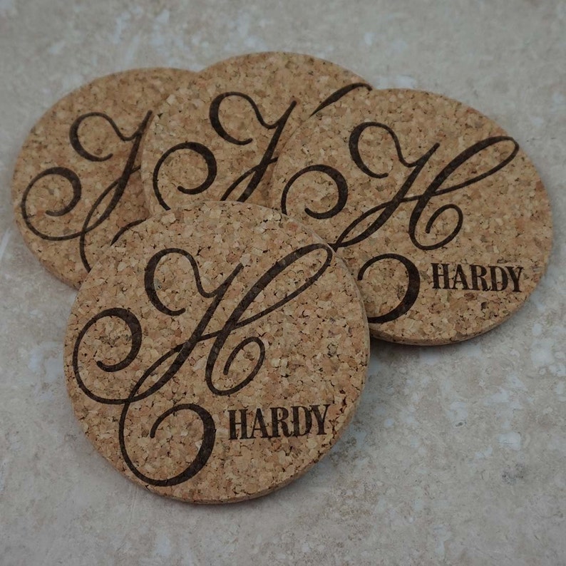 Initial Coasters Initial with Last Name Cork Coaster Set Etsy