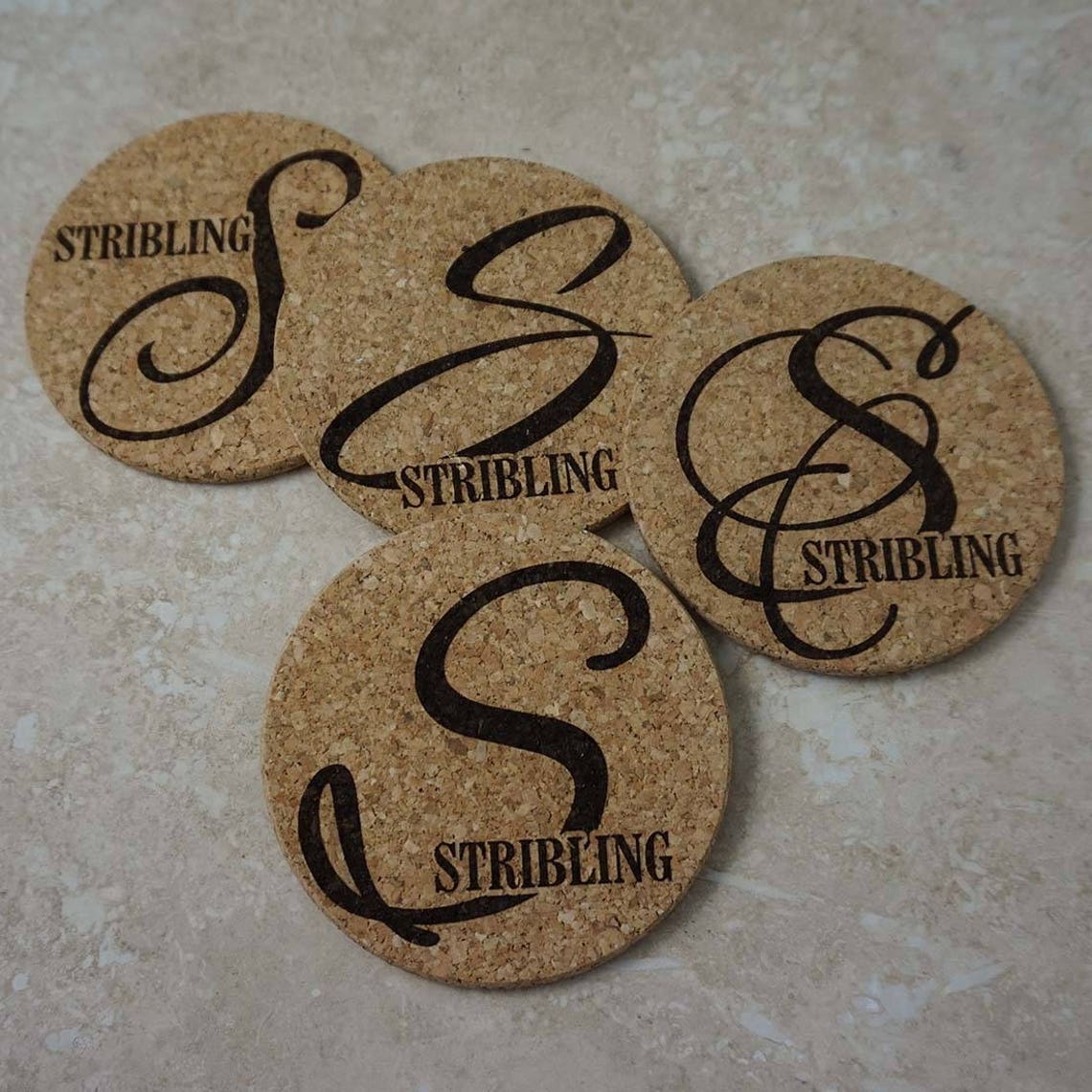 Initial Coasters Initial With Last Name Cork Coaster Set Etsy