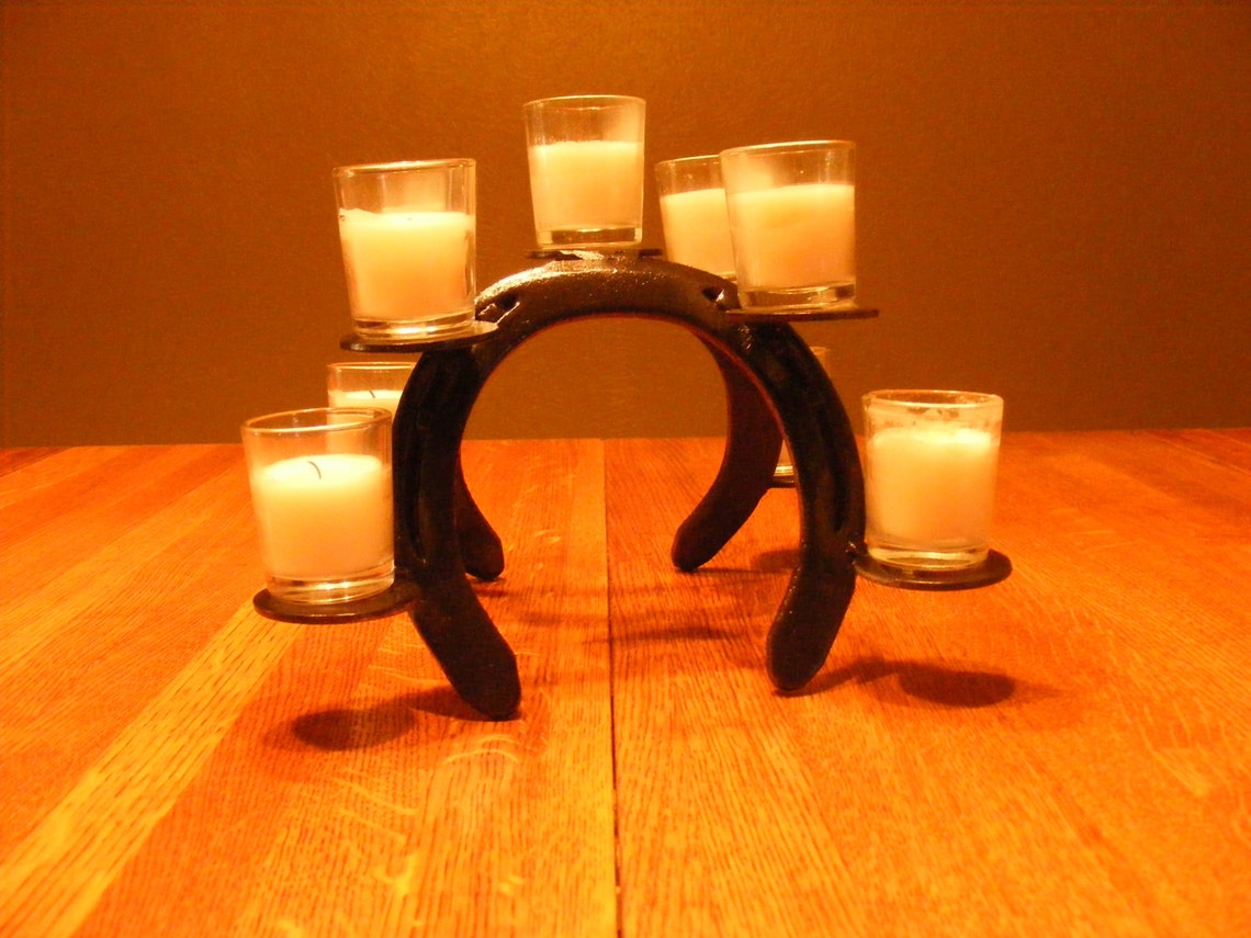 Candle Holder / Centerpiece Made From Reclaimed Metal Horseshoe Horse