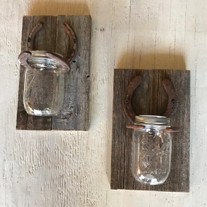 Pair of Rustic horseshoe mason jar wall sconce candle holder | Etsy