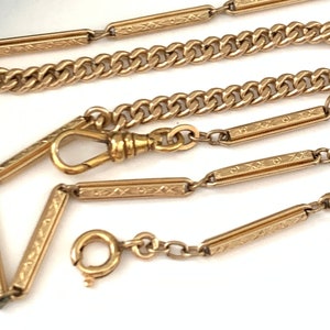 Vintage 18 3/8&quot; 12k Gold Filled Engraved Link Watch Chain Necklace, Antique Fancy Bar Link Watch Chain, Layering Chain, Dog Clip Clasp