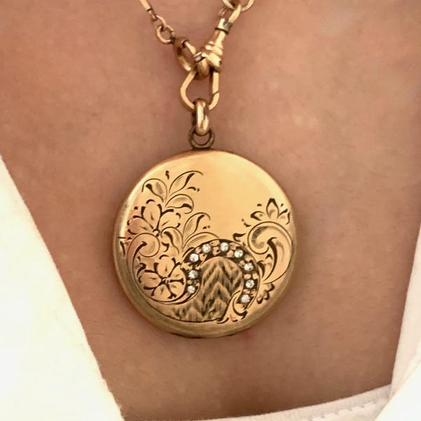 Vintage Art Deco Floral Breeze Gold Filled Locket, Vintage Gold Filled Floral Flower Locket, Round Locket Pendant, Vintage Keepsake Pendant