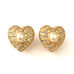 Beautiful Vintage RICHELIEU Signed Faux Pearl Rhinestone Heart Earrings