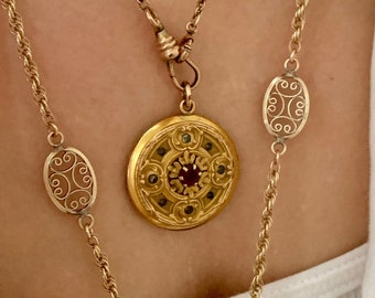 Vintage Art Deco 27&quot; Gold Filled French Filigree Link Guard Chain Necklace, Vintage Gold Filled Open Work Decorative Links Rope Chain
