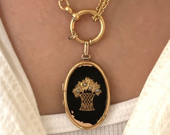 Vintage Gold Filled Floral Basket Seed Pearl Locket, Vintage Black Enameled Oval Memory Locket, Vintage Mourning Locket, Lock of Hair