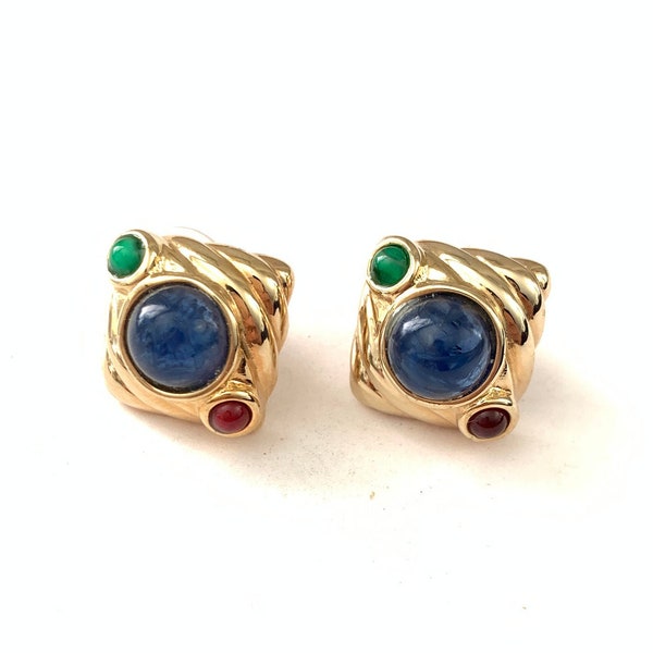 Vintage Etruscan Inspired Red Green Blue Glass Cabochon Stud Earrings // Regal Moghul Style Earrings