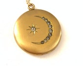 Antique Vintage Crescent Moon and Star Paste Locket Vintage Crescent Moon Star Locket Victorian Moon Locket Necklace