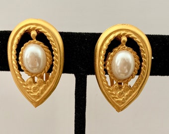 Vintage Etruscan Revival Brushed Gold Plated Faux Pearl Clip Earrings