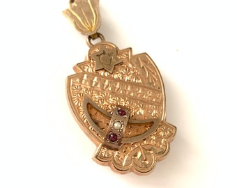 Antique Victorian Rose Gold Filled Locket with Crescent Moon Star// Vintage Secret Compartment Necklace Seed Pearls