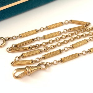 Vintage 16.5&quot;  Etched Gold Filled Watch Chain Necklace Antique Yellow Gold Fancy Bar Link Watch Chain, Bar Link Chain Dog Clip Clasp