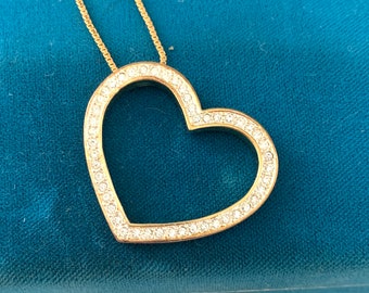 Vintage Designer Gold Tone Rhinestone Heart Pendant Necklace, Gold Clear Rhinestone Heart, Costume Jewlery