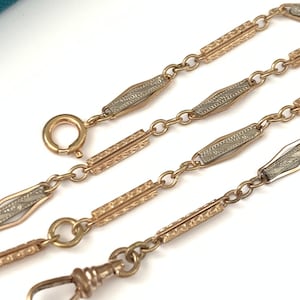 Vintage Antique Art Deco Gold Filled 15.25&quot; Fancy Link Pocket Watch Chain Necklace, Art Deco Ornate Two Tone Chain with Dog Clip Clasp